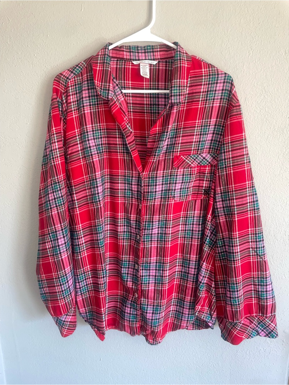 Victoria's Secret Red Plaid Casual Button-Down Shirt pajama top